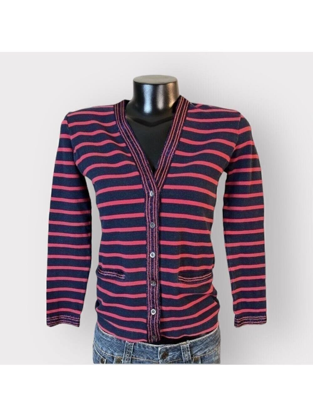J.Crew Womens Knit Cardigan Sweater sz XS Long Sleeved Button Up Chunky Stripes
